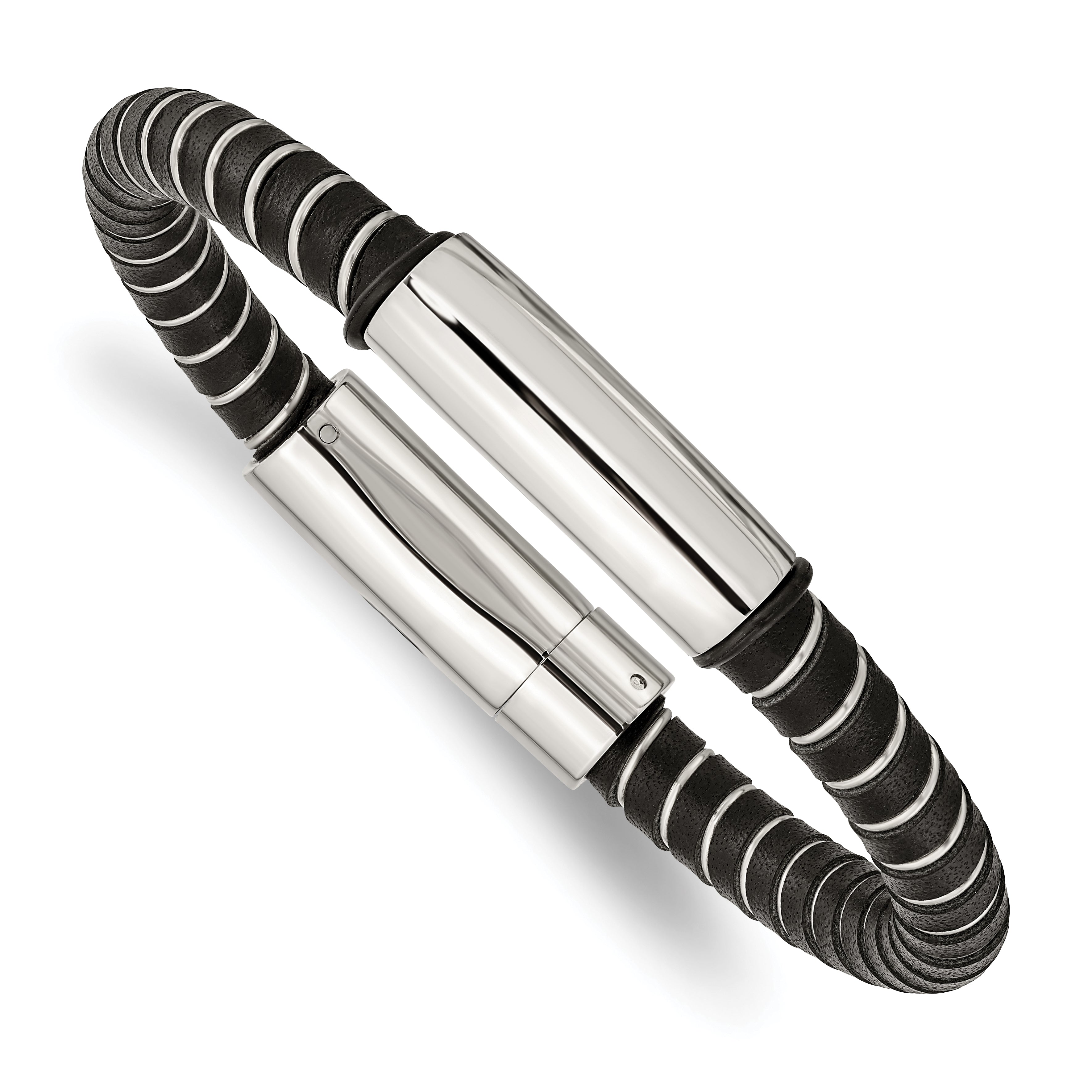Stainless Steel Polished Black Leather 8.75in Bracelet Main image