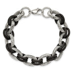 Stainless Steel 9in Polished and Textured with Black Rubber Bracelet