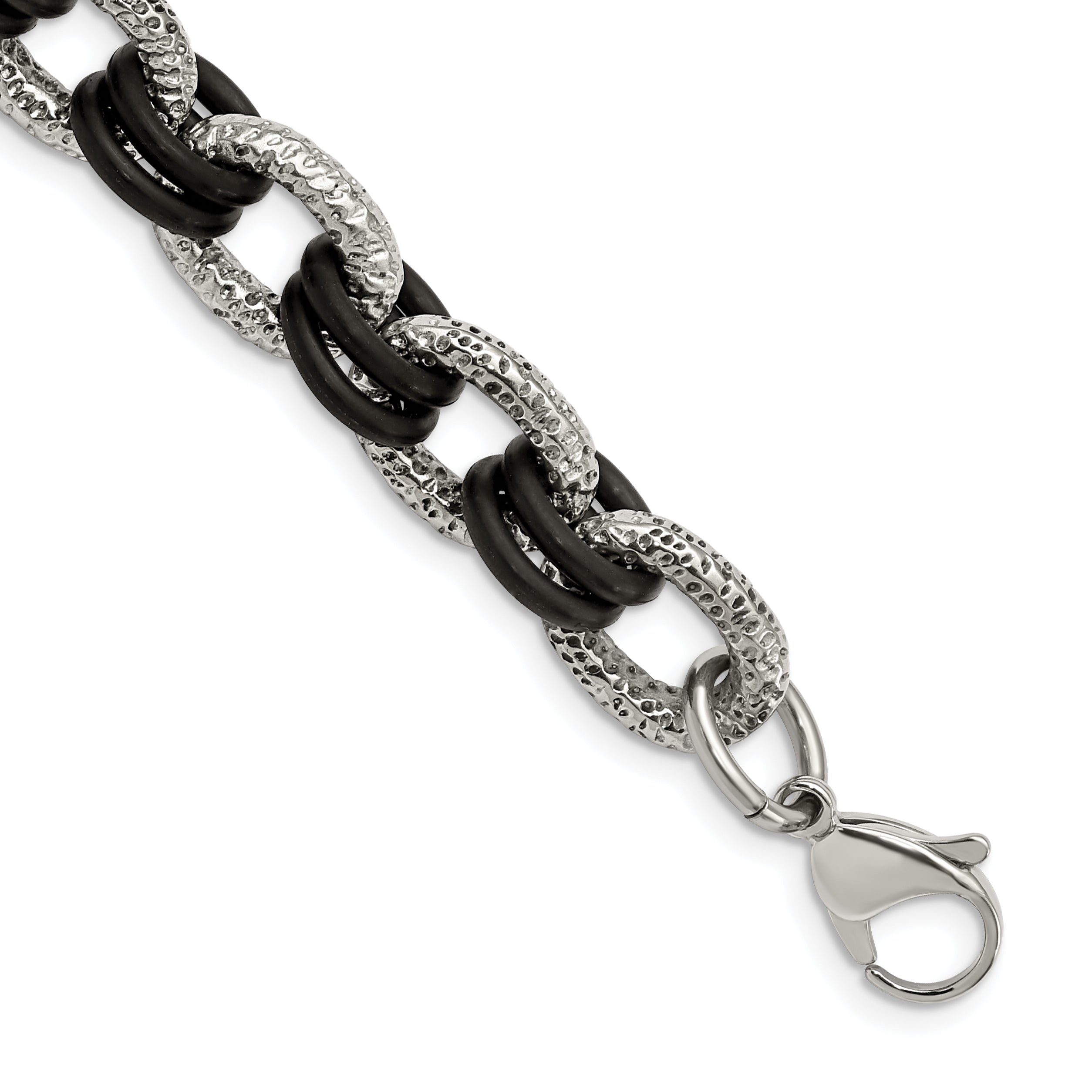 Stainless Steel 9in Polished and Textured with Black Rubber Bracelet Main image