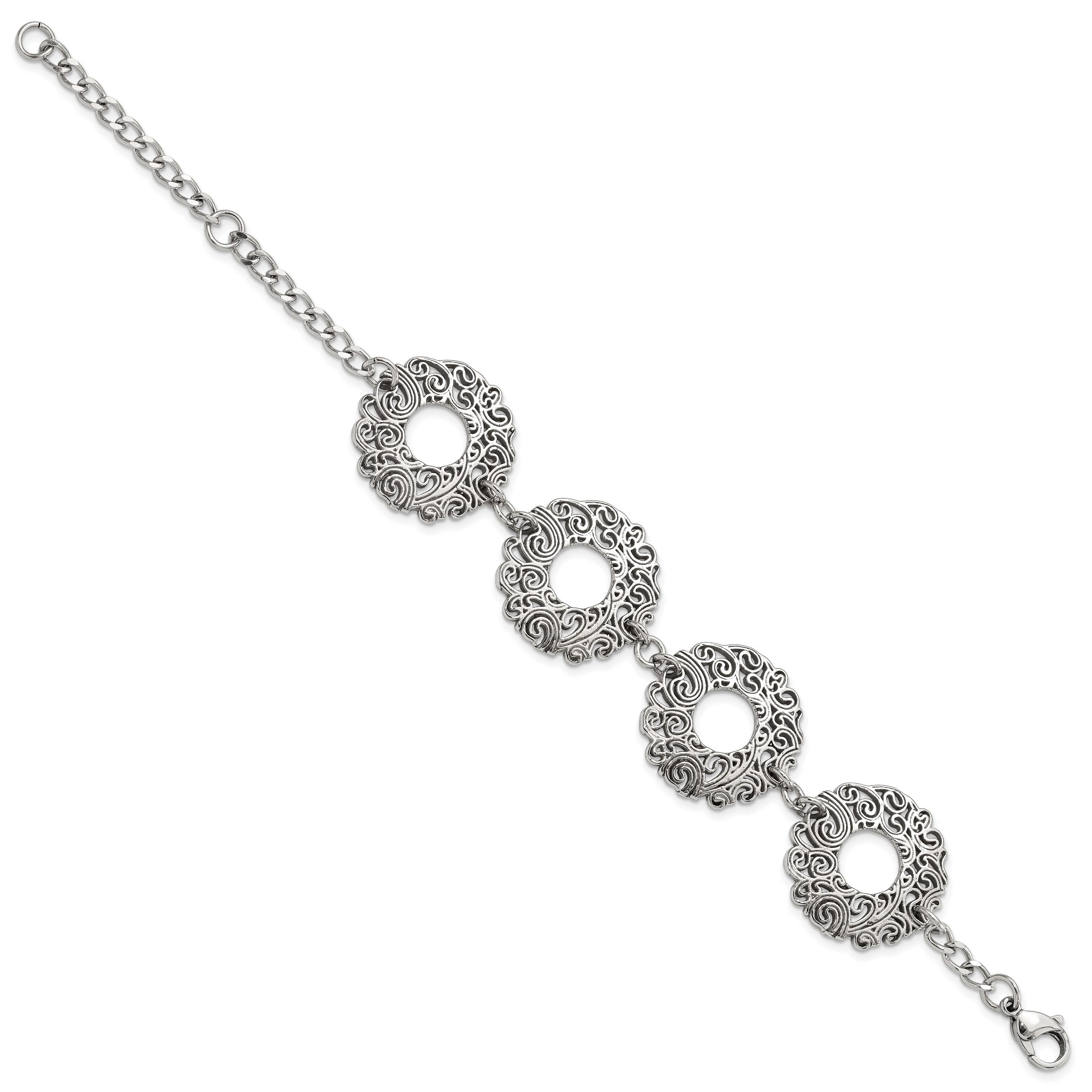 Stainless Steel Polished Fancy Filigree Circles w/1.5in ext Bracelet Secondary image