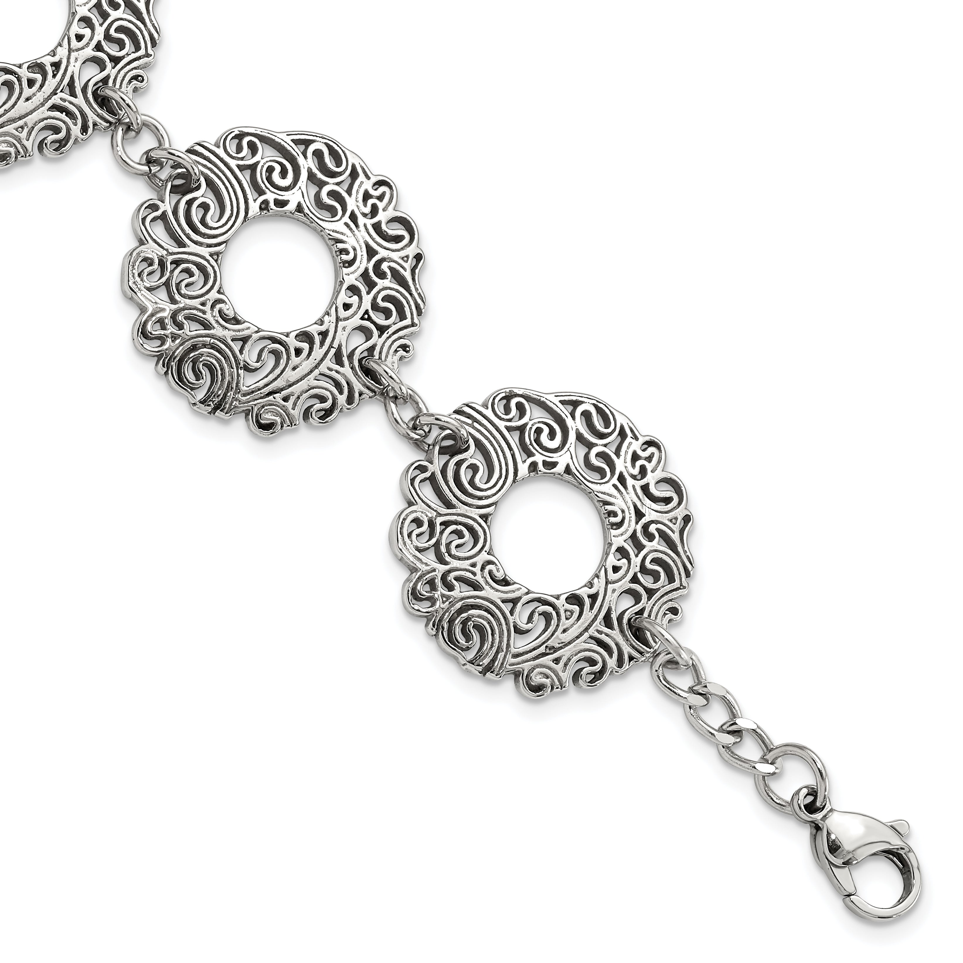 Stainless Steel Polished Fancy Filigree Circles w/1.5in ext Bracelet Main image