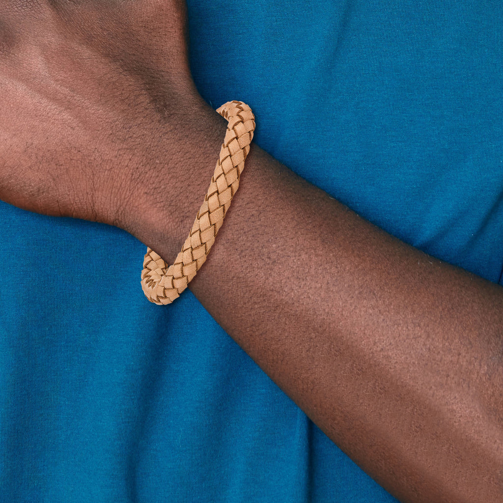 Chisel Stainless Steel Polished Light Tan Braided Leather 8.5 inch Bracelet