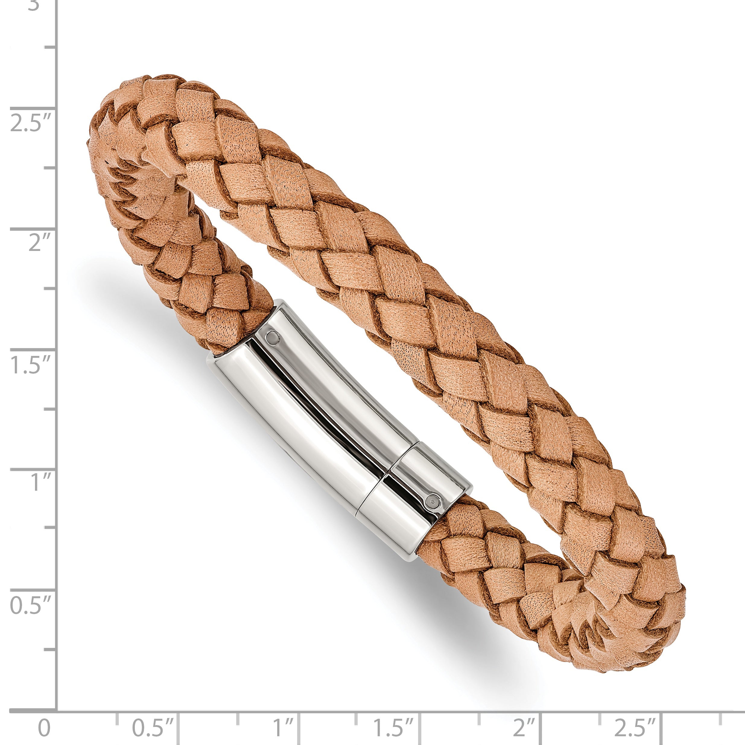Chisel Stainless Steel Polished Light Tan Braided Leather 8.5 inch Bracelet