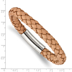 Chisel Stainless Steel Polished Light Tan Braided Leather 8.5 inch Bracelet