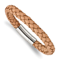 Chisel Stainless Steel Polished Light Tan Braided Leather 8.5 inch Bracelet