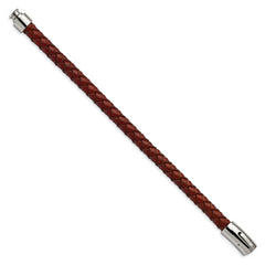 Chisel Stainless Steel Polished Brown Braided Leather 8.5 inch Bracelet