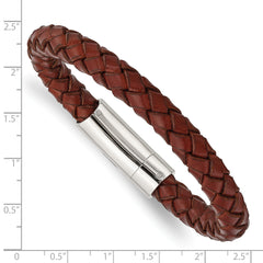 Chisel Stainless Steel Polished Brown Braided Leather 8.5 inch Bracelet