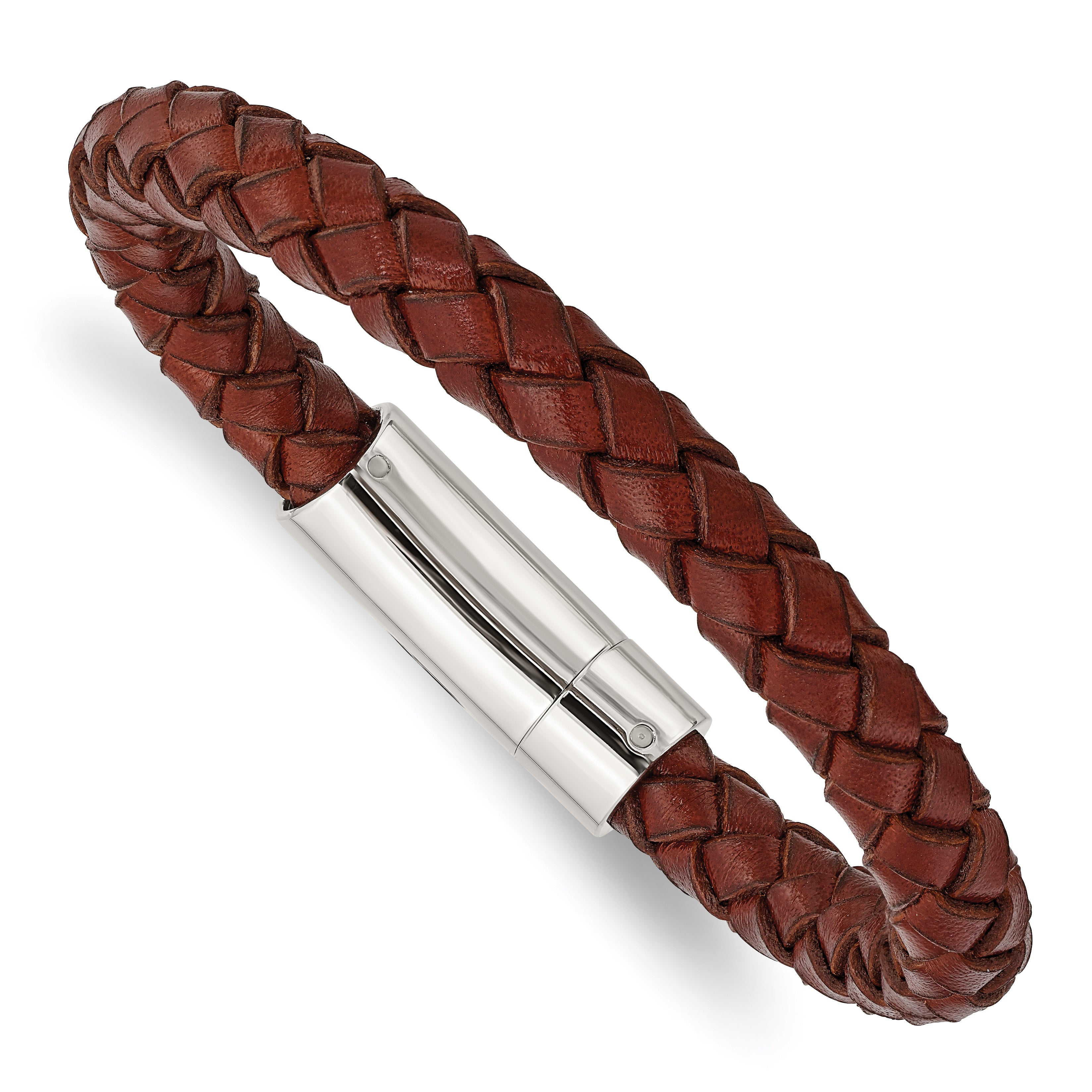 Chisel Stainless Steel Polished Brown Braided Leather 8.5 inch Bracelet