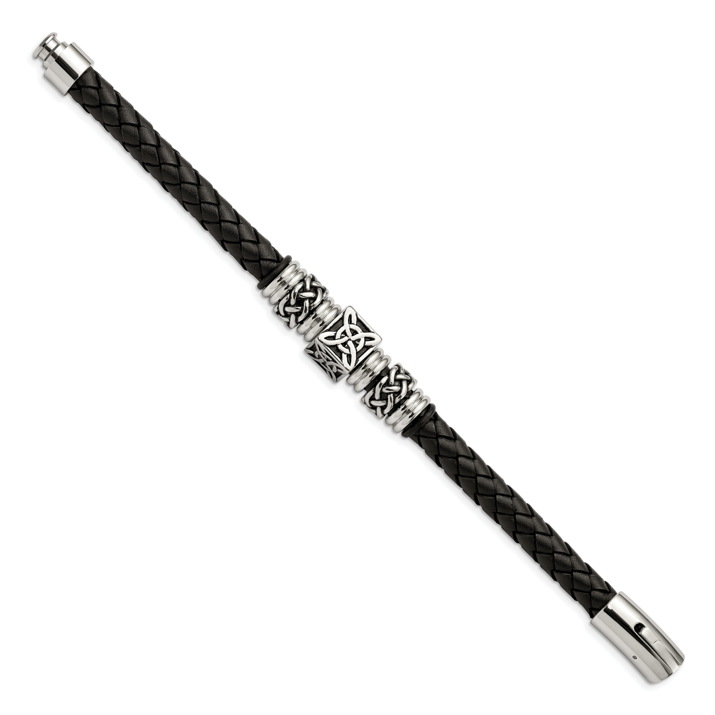 Chisel Stainless Steel Antiqued and Polished Black Braided Leather 8.5 inch Bracelet