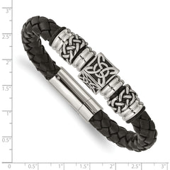 Chisel Stainless Steel Antiqued and Polished Black Braided Leather 8.5 inch Bracelet