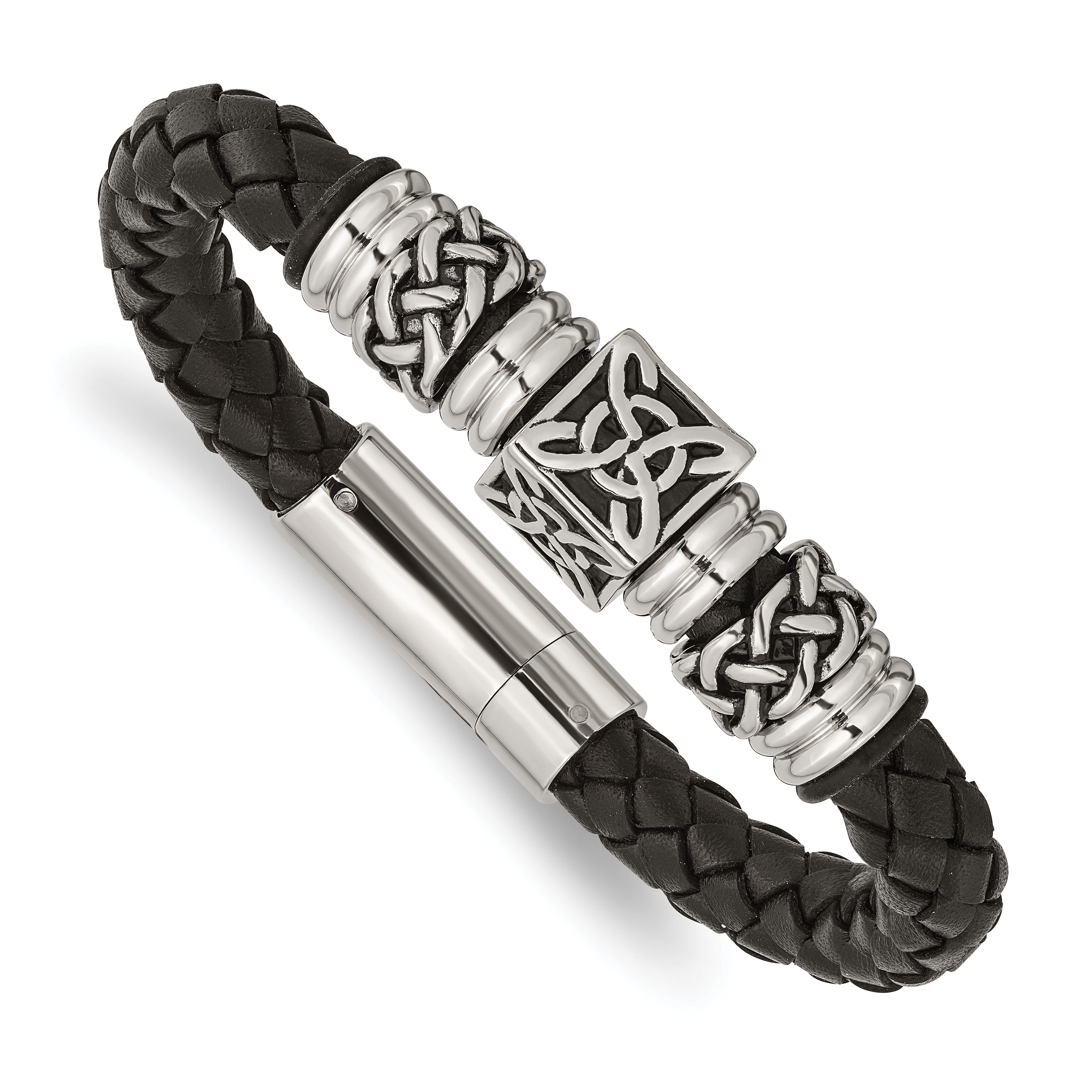 Chisel Stainless Steel Antiqued and Polished Black Braided Leather 8.5 inch Bracelet Main image