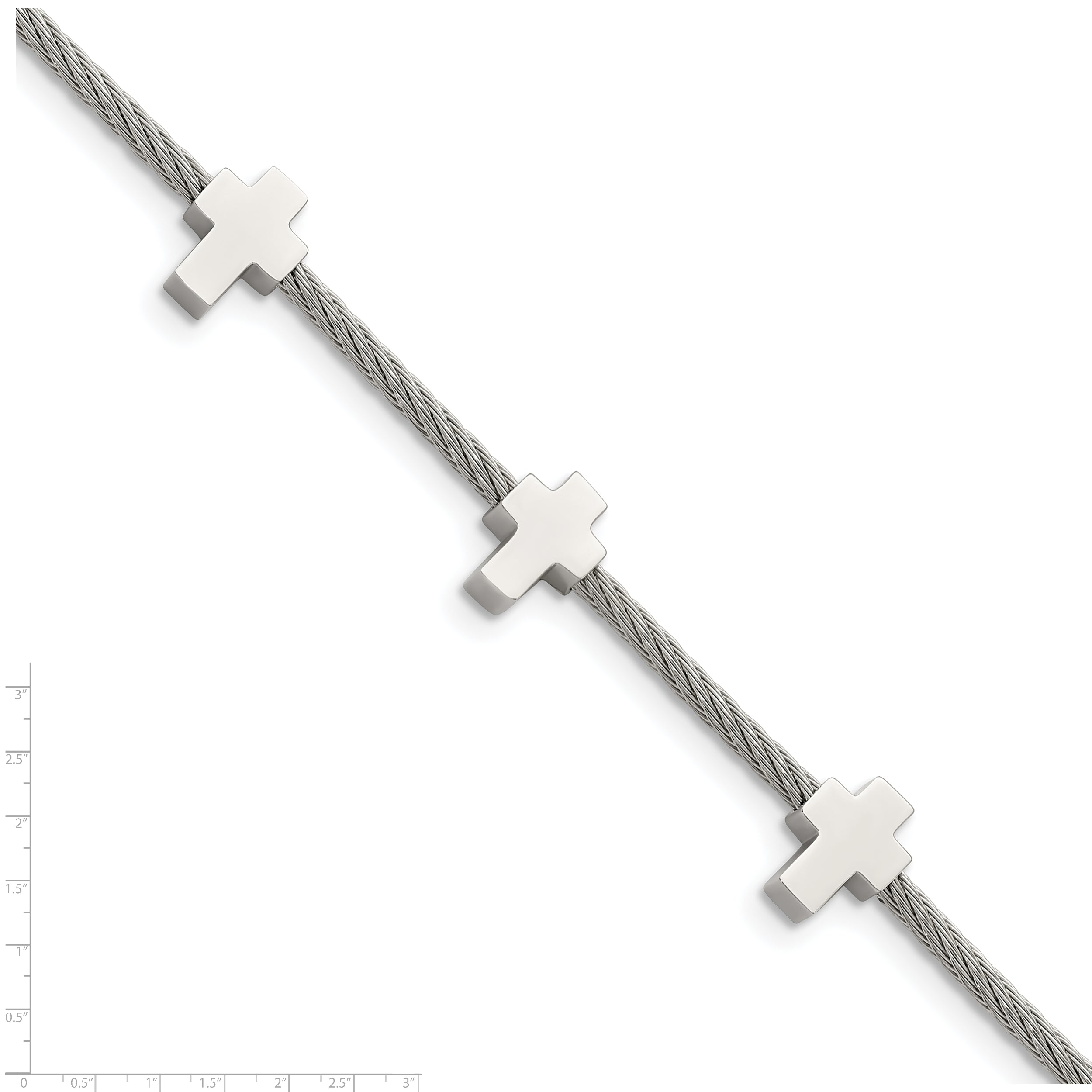 Chisel Stainless Steel Polished Crosses on Twisted Wire 7.5 inch Bracelet with .75 inch Extension