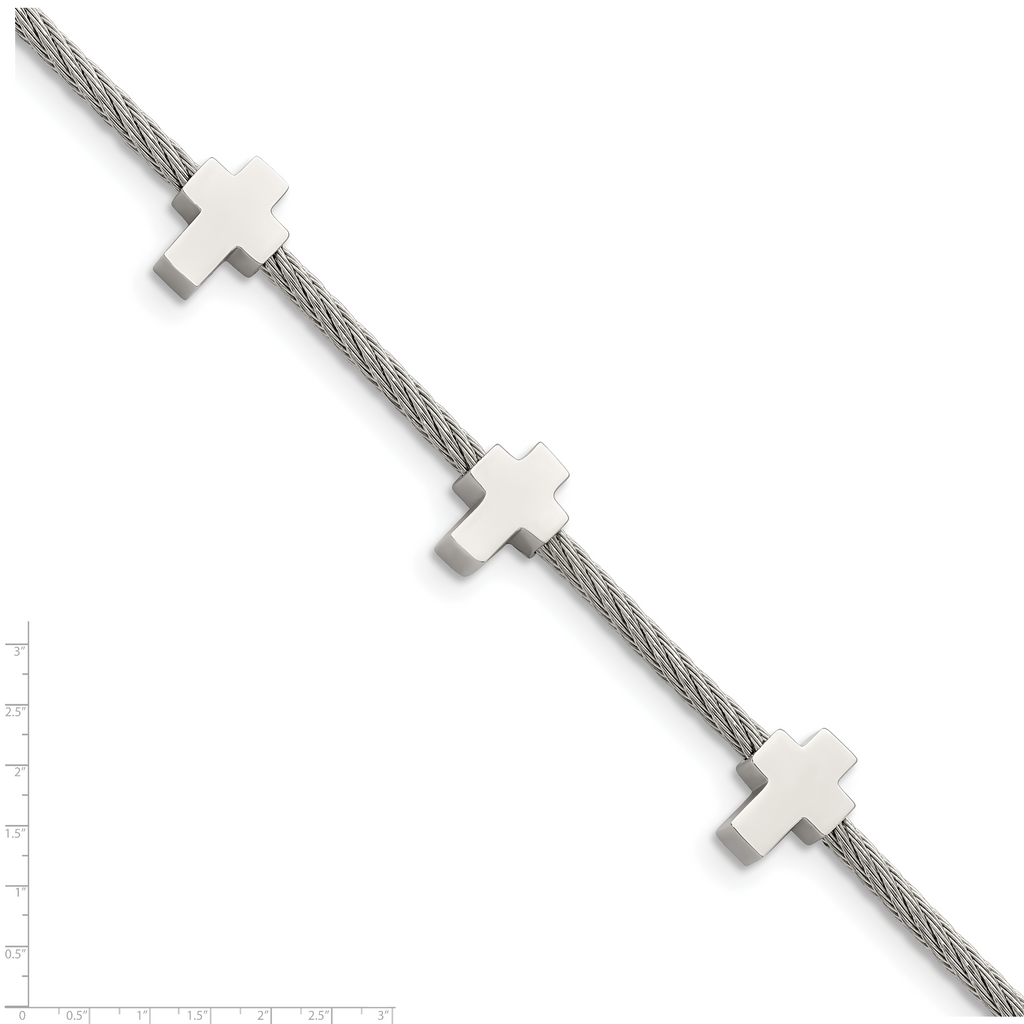 Chisel Stainless Steel Polished Crosses on Twisted Wire 7.5 inch Bracelet with .75 inch Extension