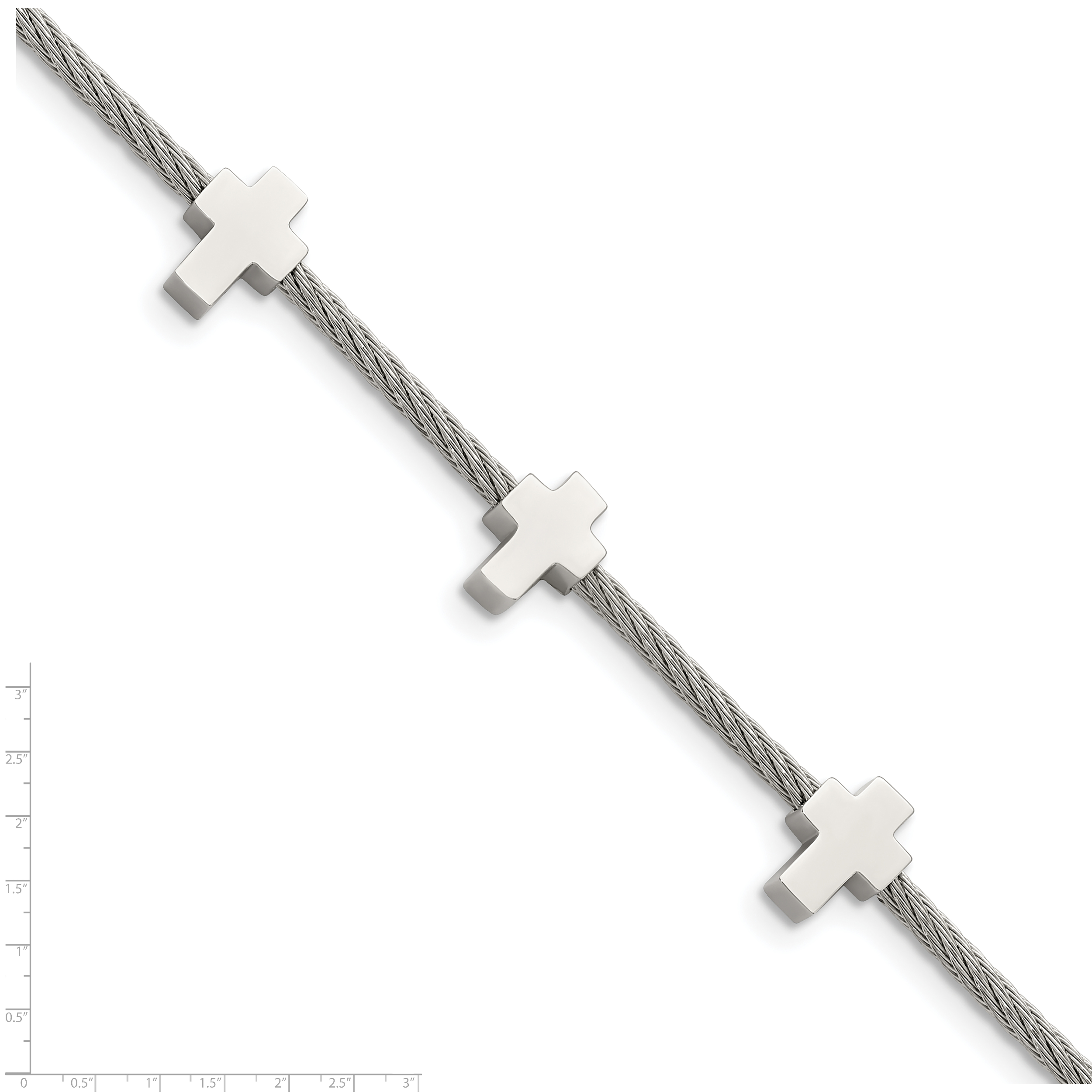 Chisel Stainless Steel Polished Crosses on Twisted Wire 7.5 inch Bracelet with .75 inch Extension