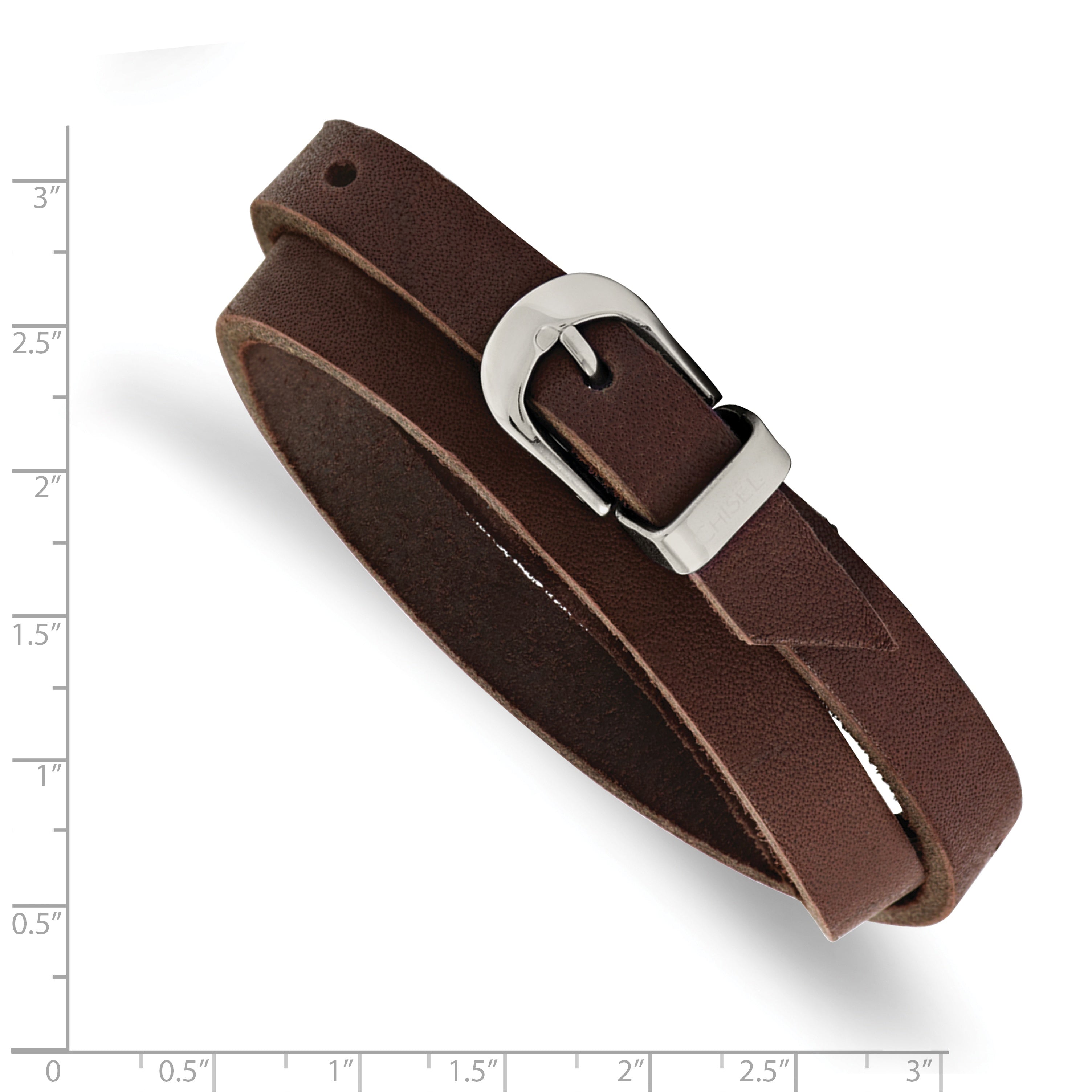 Chisel Stainless Steel Polished Brown Leather 8.5 inch Adjustable Wrap Bracelet Secondary image