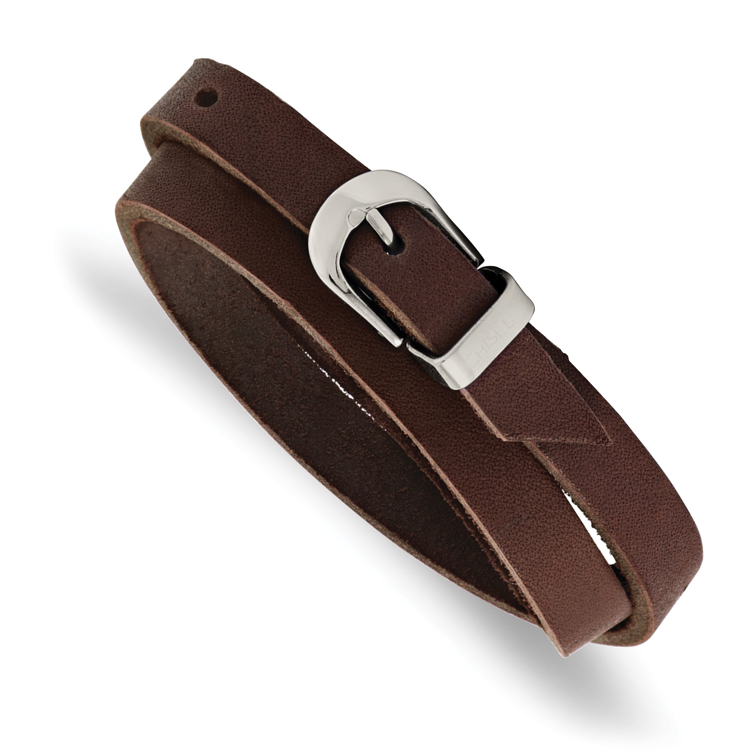Chisel Stainless Steel Polished Brown Leather 8.5 inch Adjustable Wrap Bracelet Main image