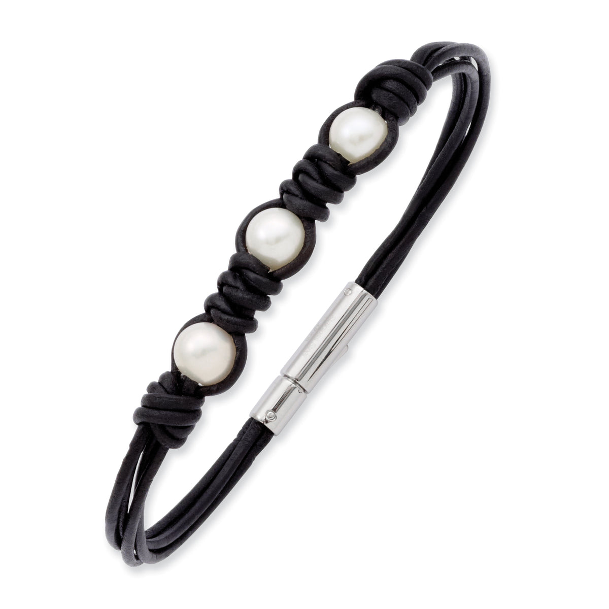 Stainless Steel Black Leather & Simulated Pearls 7.75in Bracelet