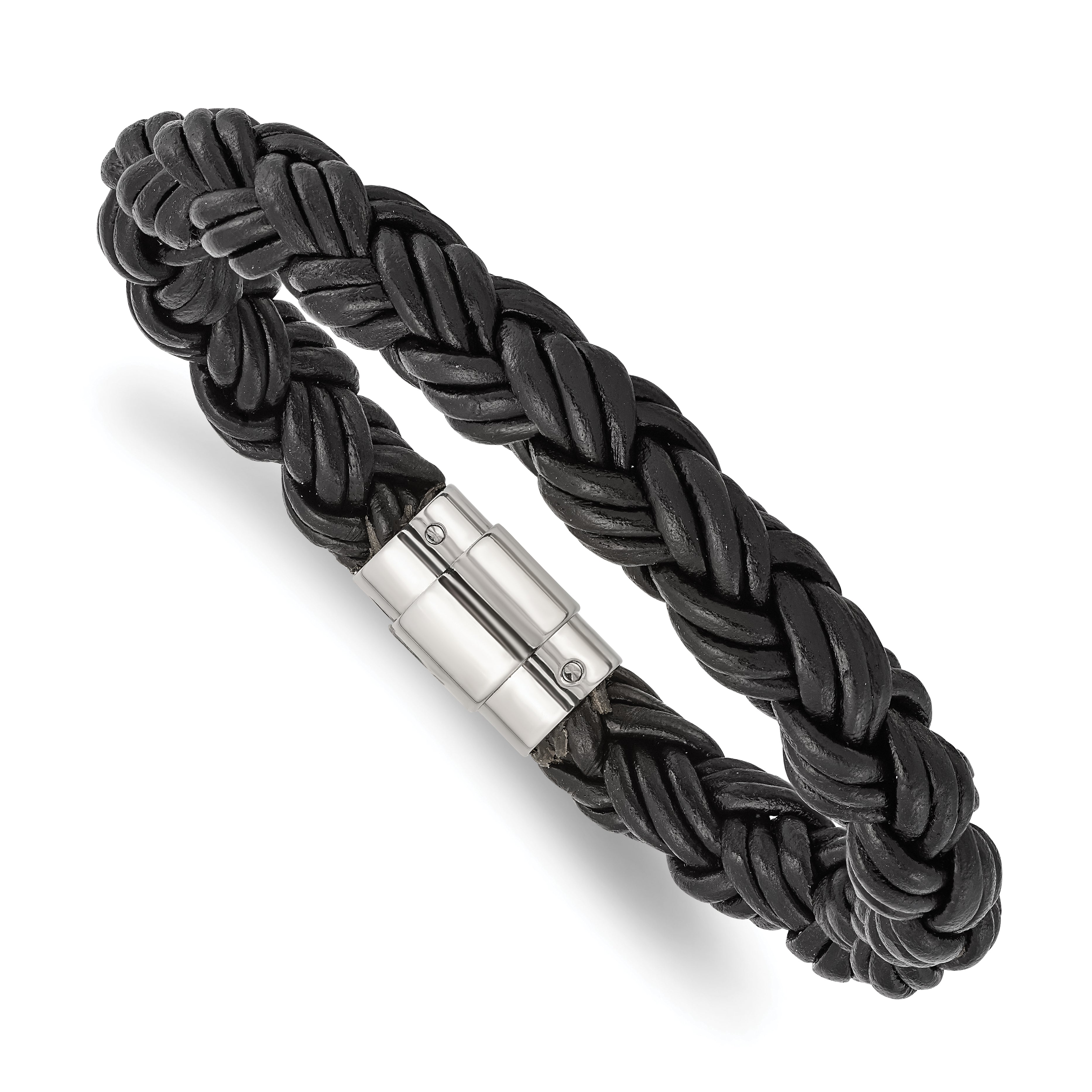 Chisel Stainless Steel Polished Twisted Black Braided Leather 8.5 inch Bracelet Main image