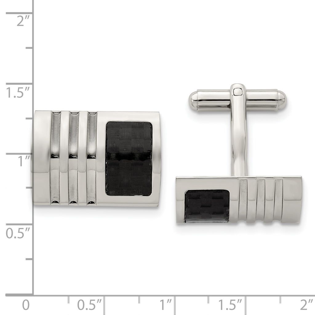 Brushed Stainless Steel Cufflinks with Black Carbon Fiber Inlay  Gift Ready