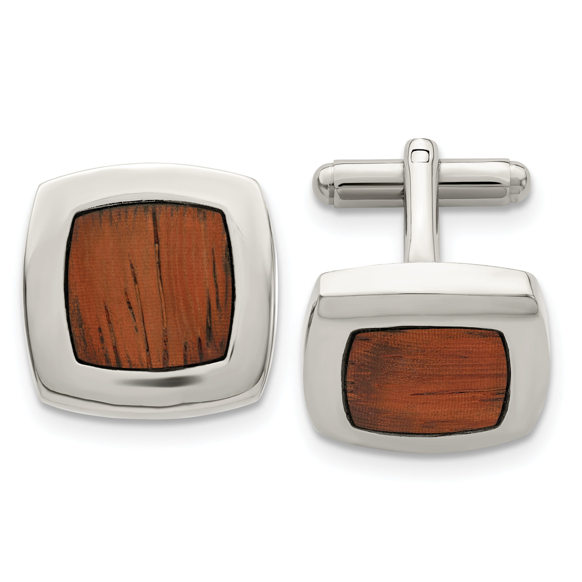 Chisel Stainless Steel Polished Koa Wood Inlay Rounded Square Cufflinks