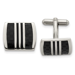 Chisel Stainless Steel Polished with Black Carbon Fiber Inlay and Enamel Cufflinks