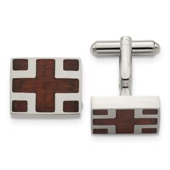 Chisel Stainless Steel Polished with Cherry Wood Inlay Cross Design Square Cufflinks