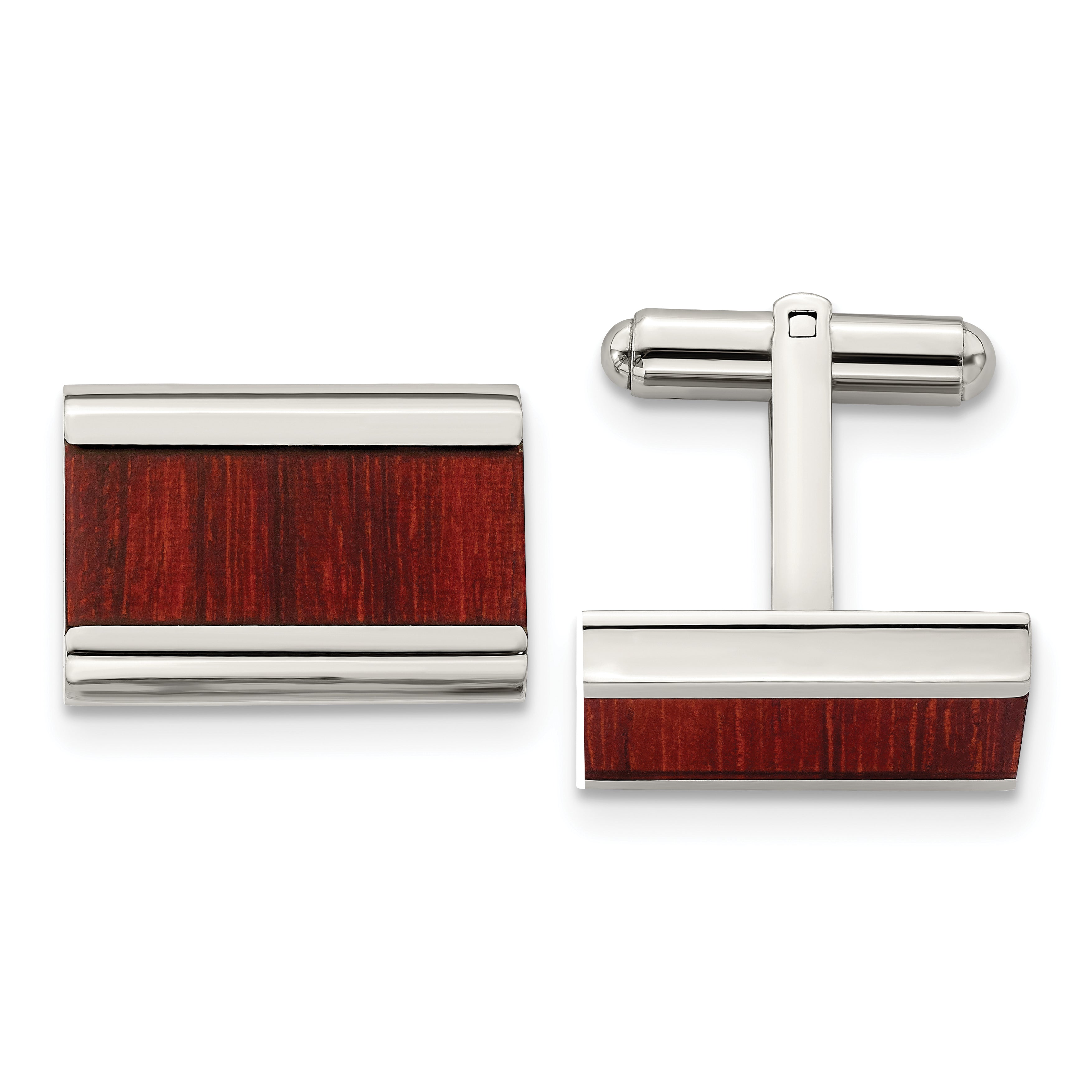 Chisel Stainless Steel Polished Red/Orange Koa Wood Inlay Rectangle Cufflinks