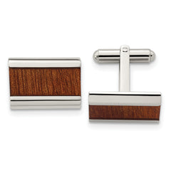 Chisel Stainless Steel Polished Light Brown Koa Wood Inlay Rectangle Cufflinks