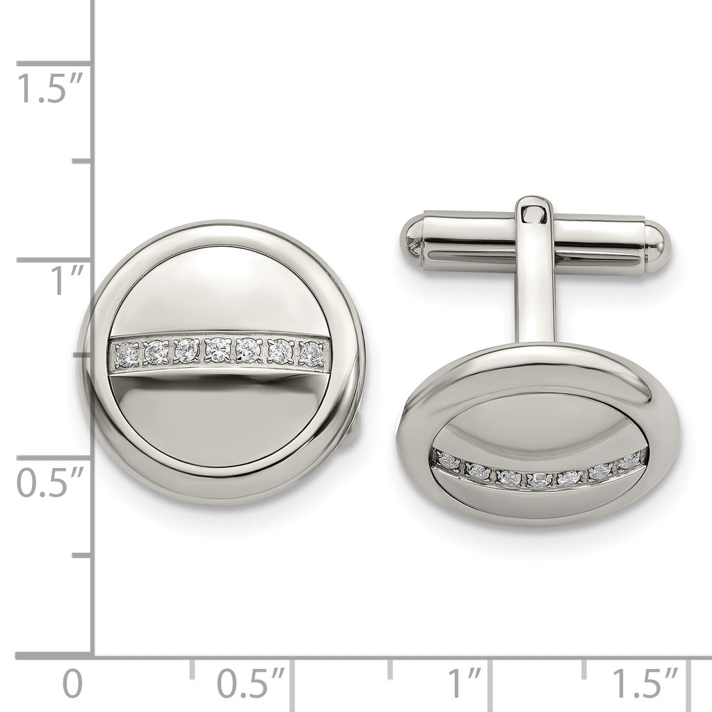 Polished Circle Cufflinks in Stainless Steel with CZ