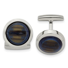 Chisel Stainless Steel Polished Blue and Brown Cat's Eye Circle Cufflinks