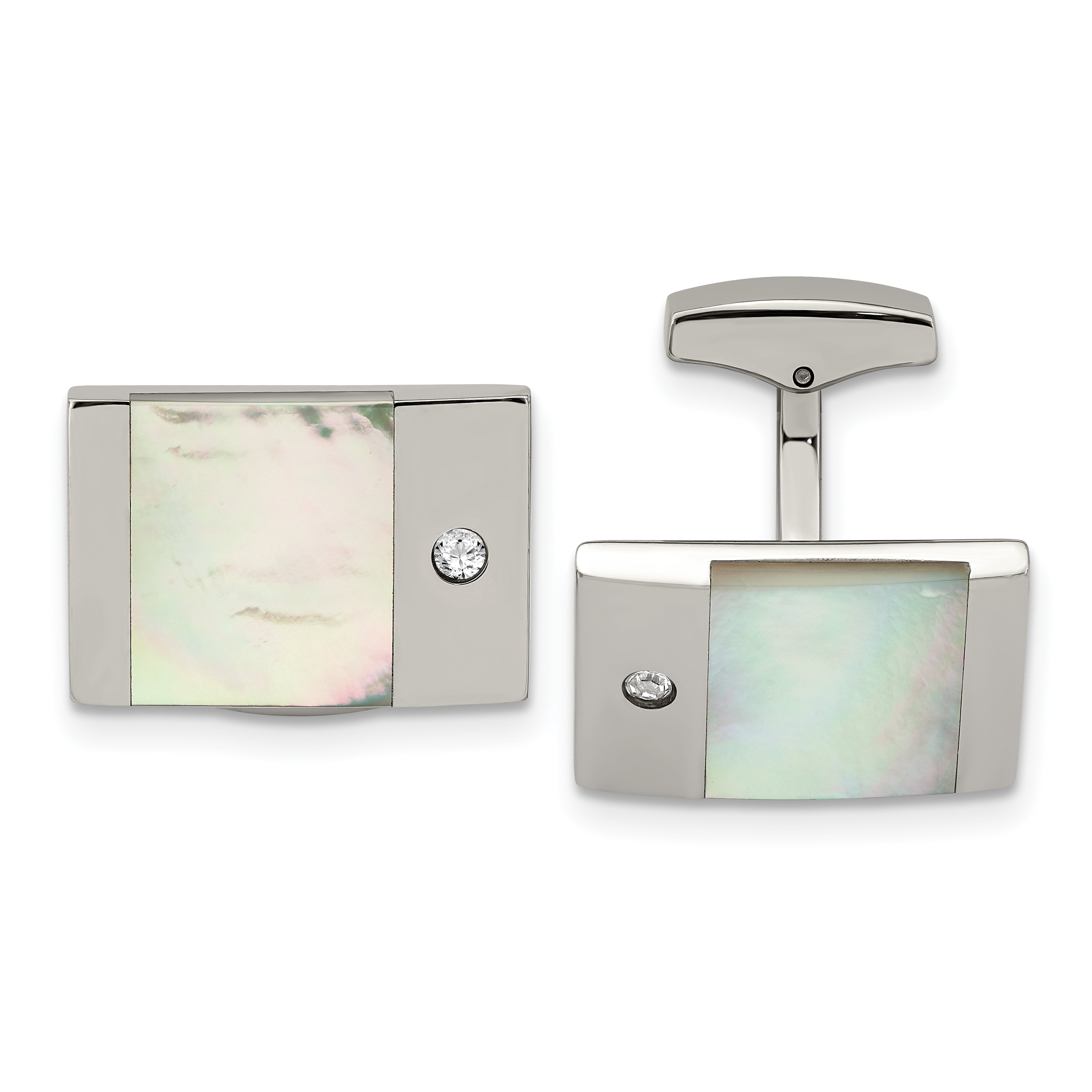 Chisel Stainless Steel Polished Mother of Pearl with CZ Rectangle Cufflinks