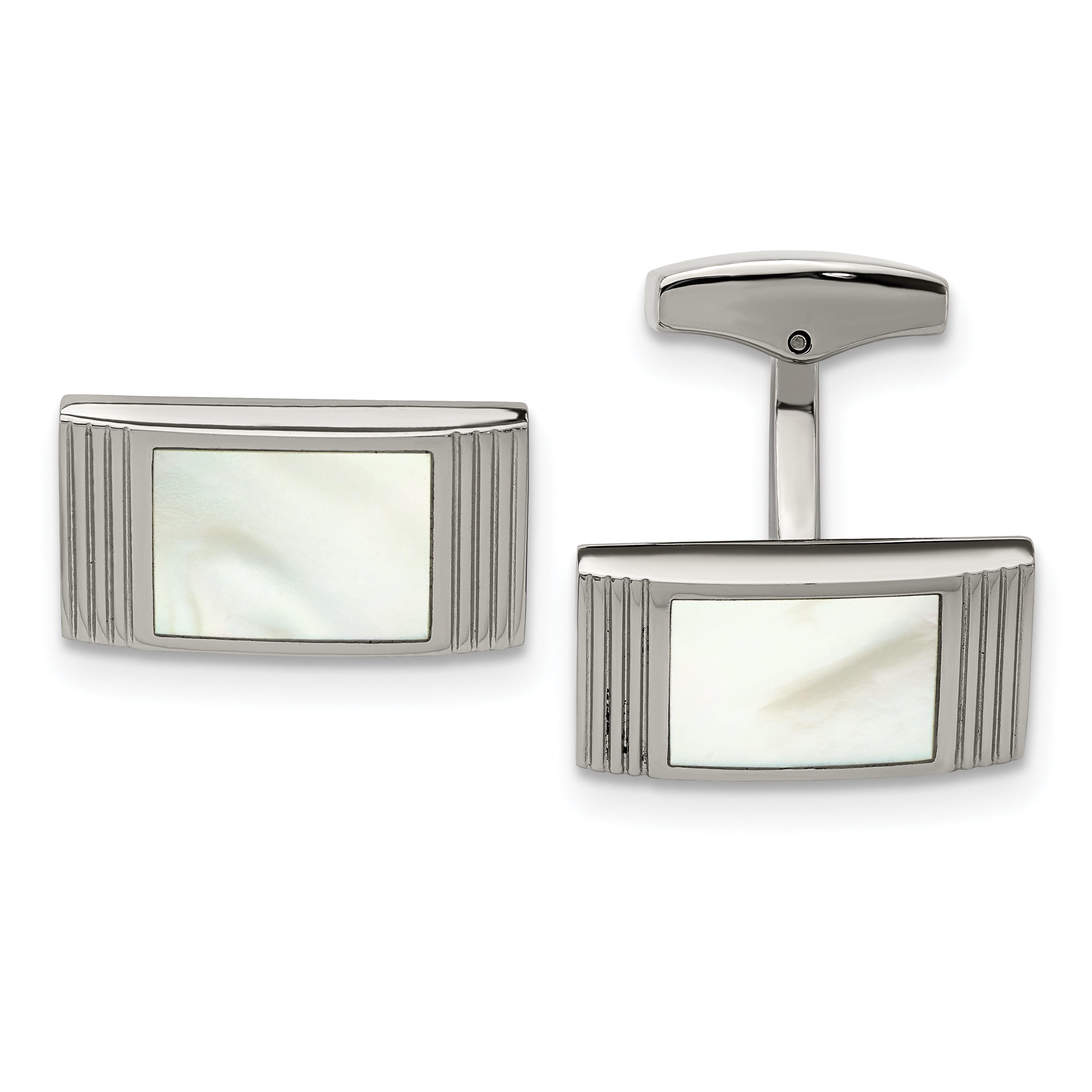 Stainless Steel Polished Mother of Pearl Grooved Rectangle Cufflinks