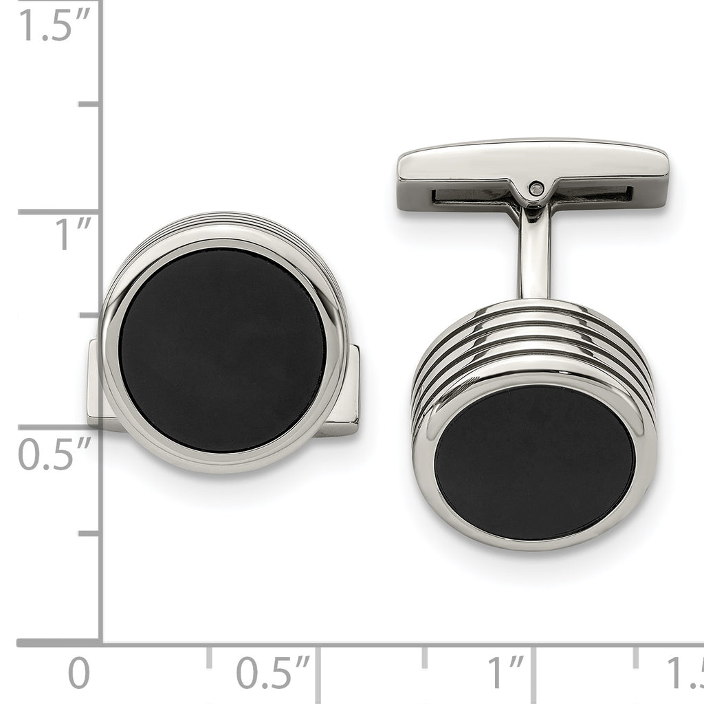 Grooved Round Cufflinks in Stainless Steel with Black IP Plating