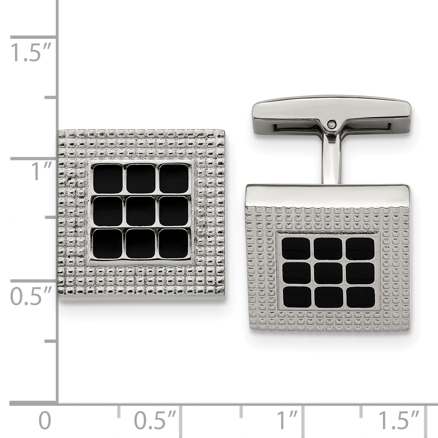 Stainless Steel Polished and Textured Black Rubber Square Cufflinks