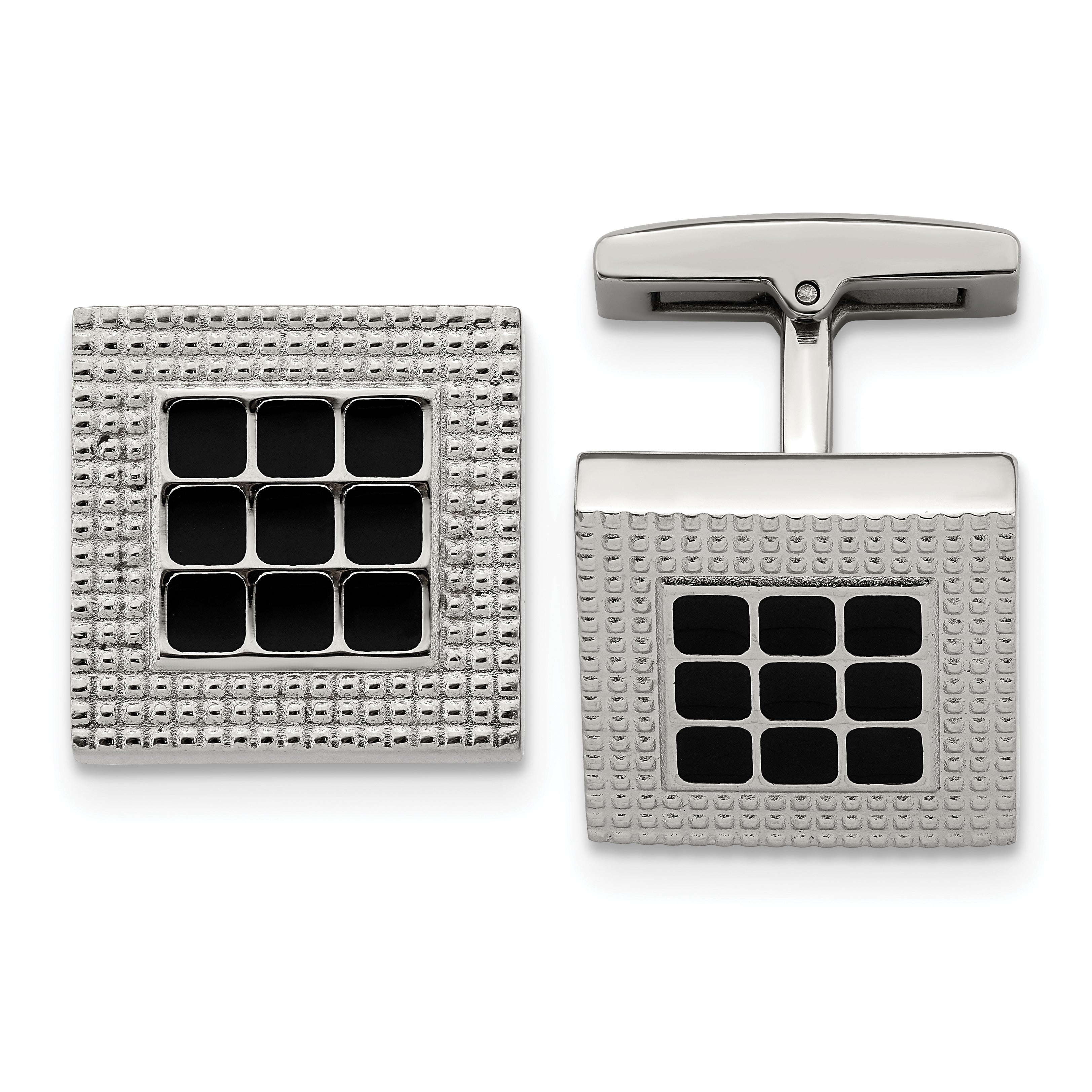 Stainless Steel Polished and Textured Black Rubber Square Cufflinks Main image