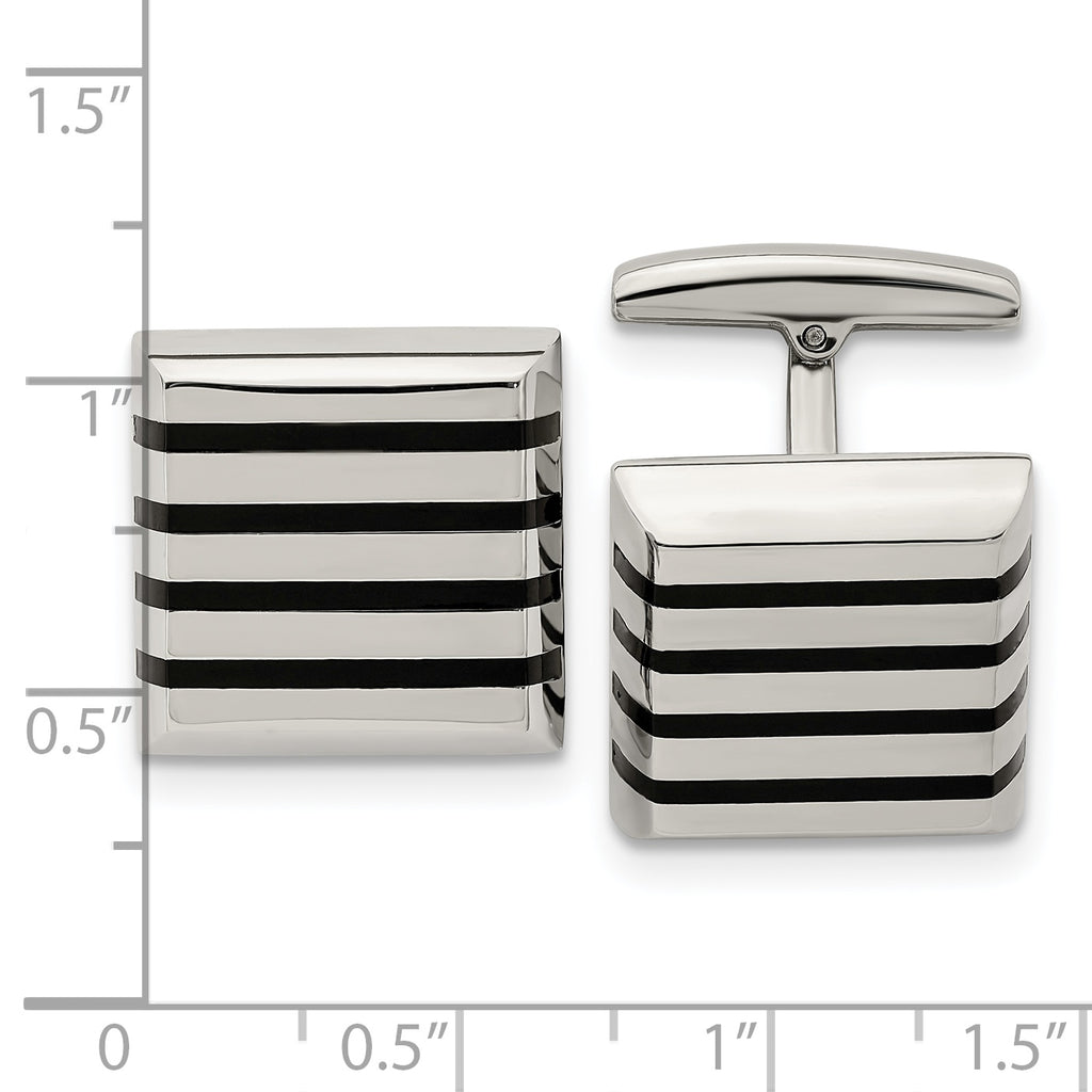 Polished Square Cufflinks in Stainless Steel with Black Rubber