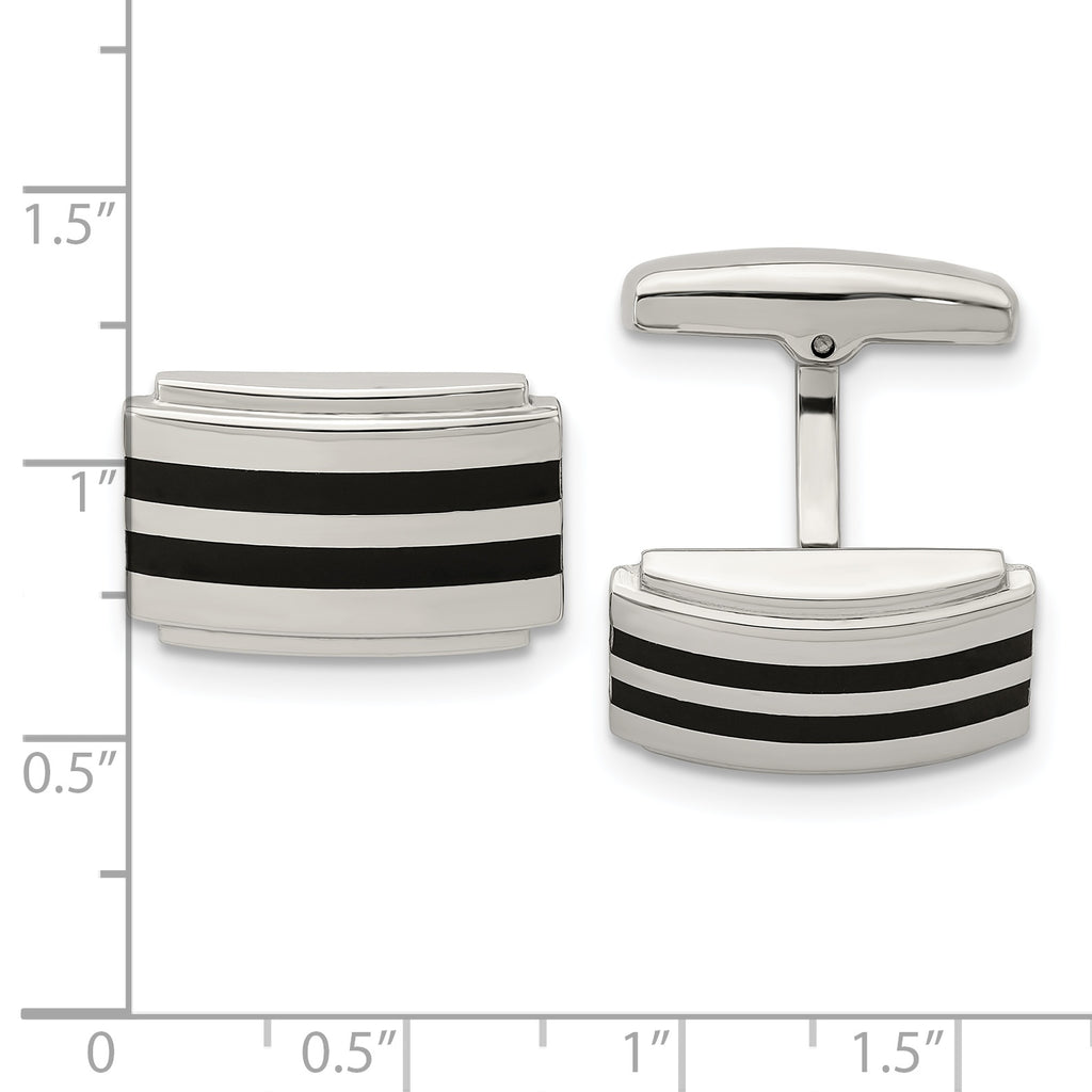 Polished Rectangle Cufflinks in Stainless Steel with Black Rubber