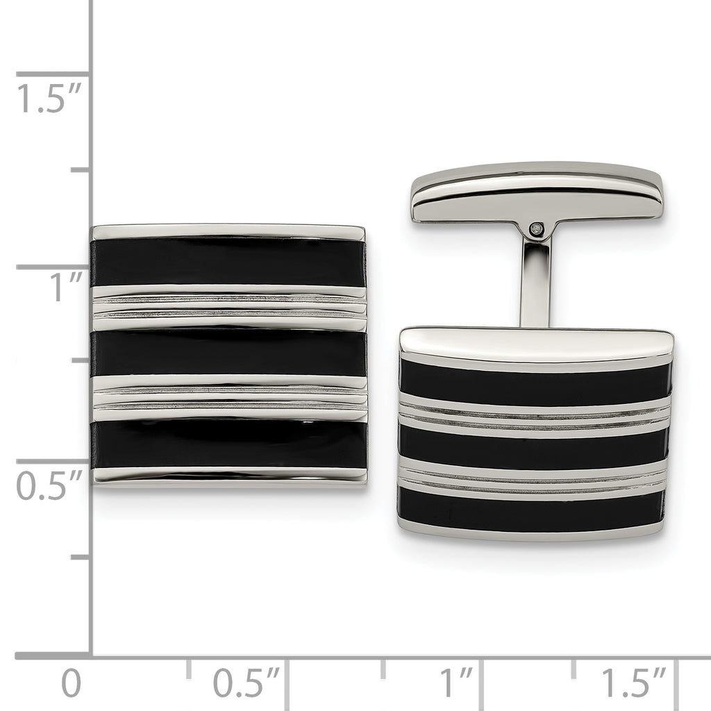 Grooved Cufflinks in Stainless Steel with Black Rubber Stripes