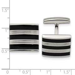 Chisel Stainless Steel Polished Grooved Black Rubber Stripes Cufflinks
