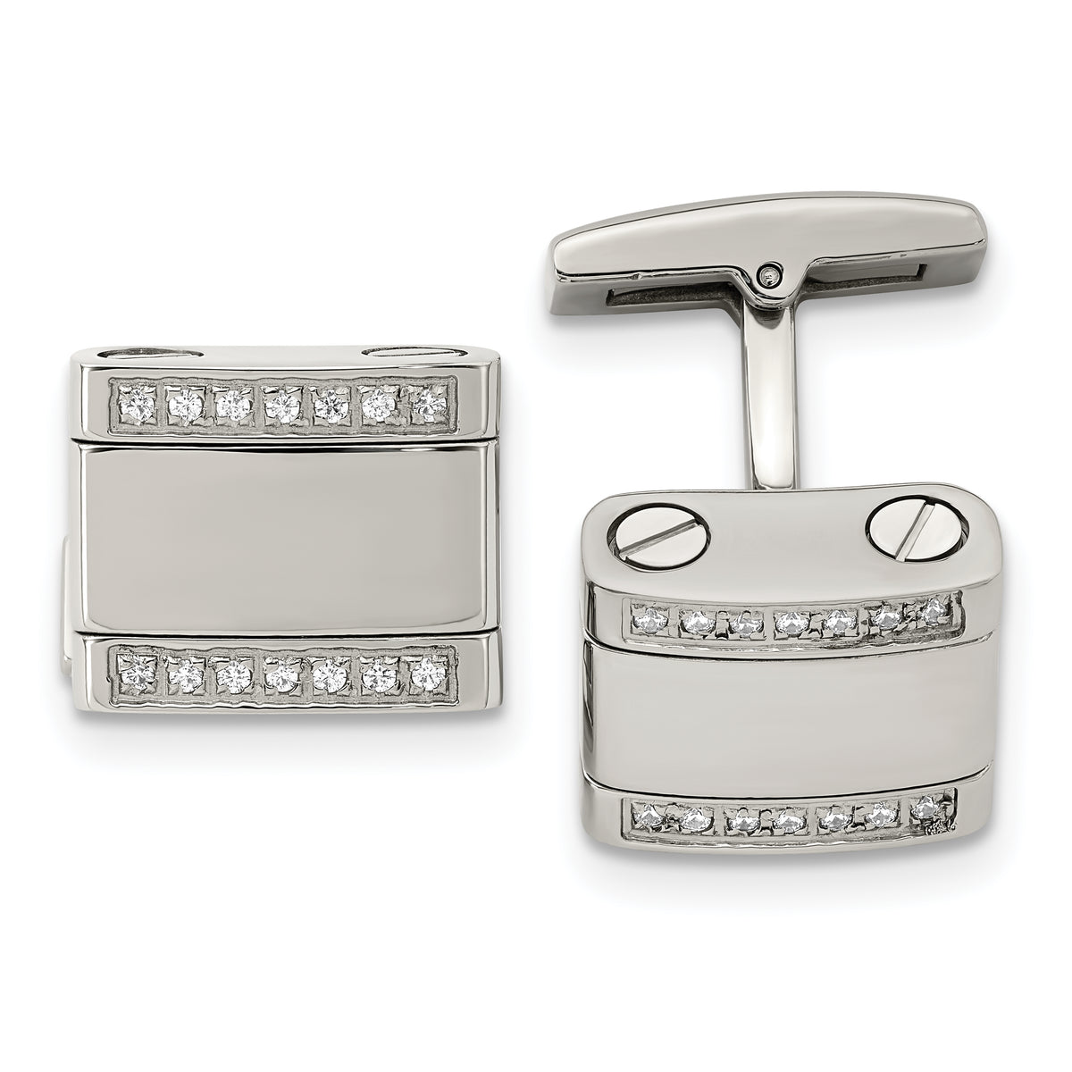 Chisel Stainless Steel Polished CZ Rounded Square Cufflinks