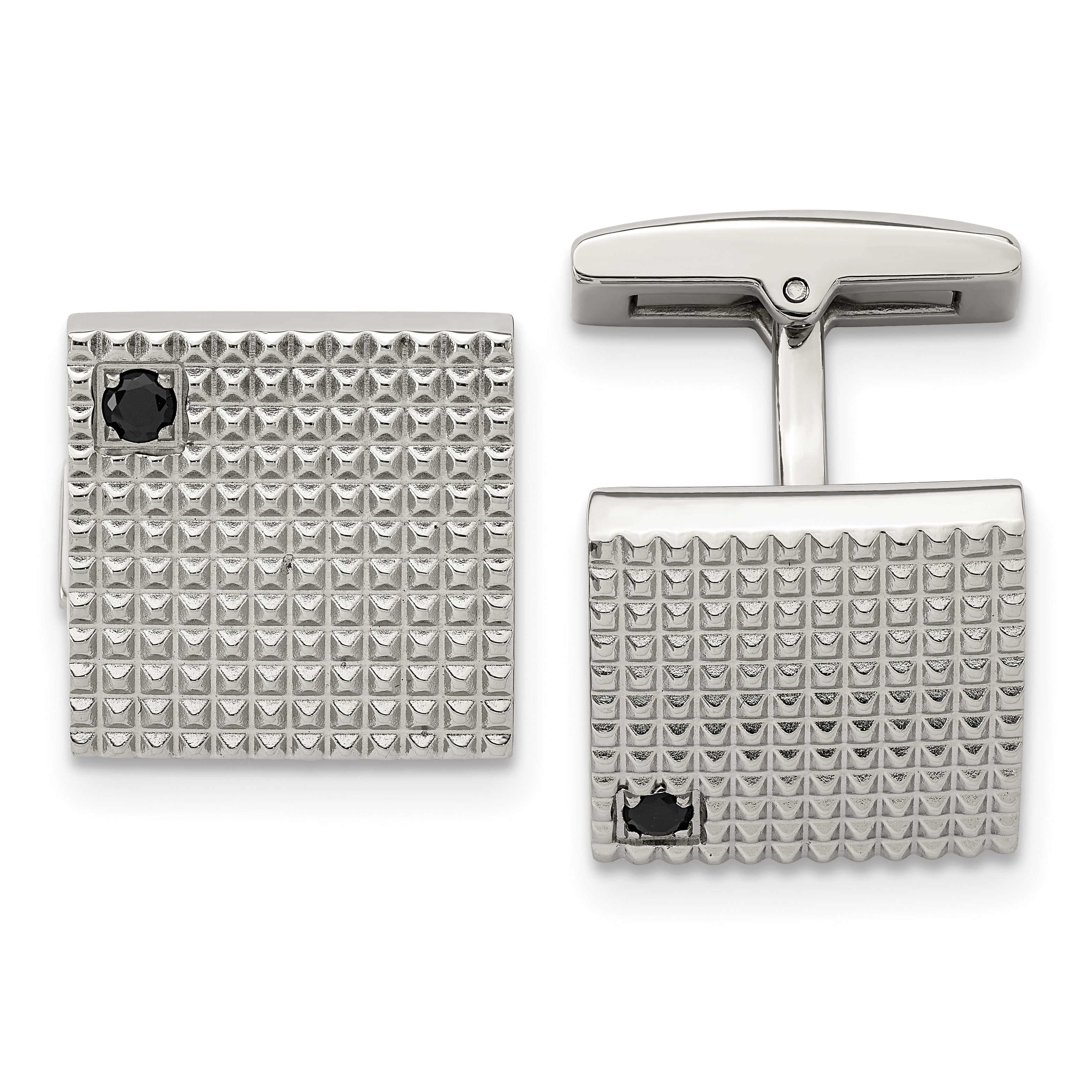 Stainless Steel Polished and Textured Black CZ Square Cufflinks