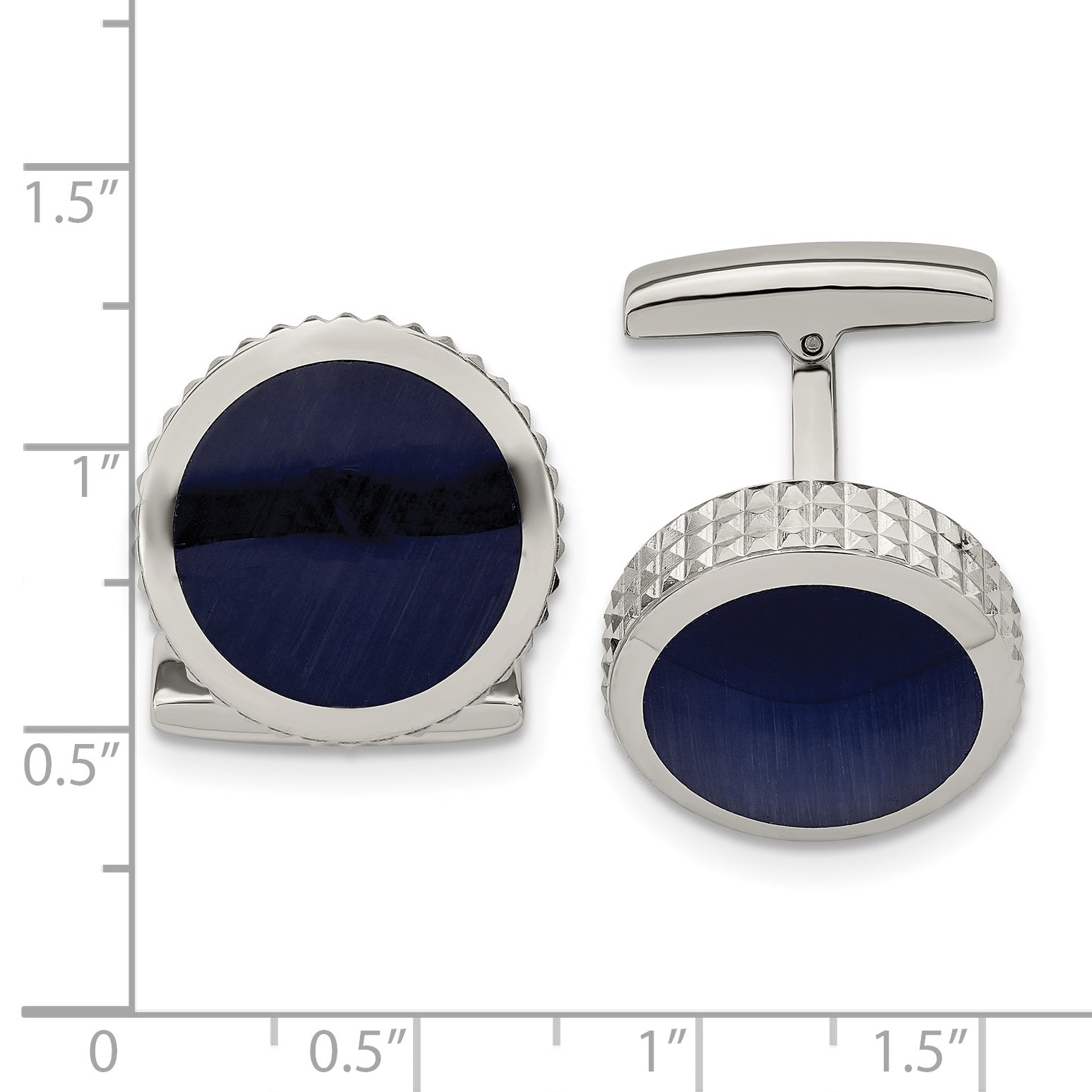 Chisel Stainless Steel Polished Blue Cat's Eye Textured Edge Circle Cufflinks