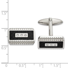 Chisel Stainless Steel Polished and Textured Black Carbon Fiber Inlay CZ Cufflinks