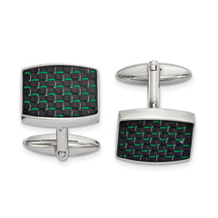 Chisel Stainless Steel Polished Black and Green Carbon Fiber Inlay Cufflinks