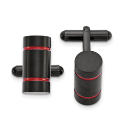 Stainless Steel Brushed & Polished Black IP-plated w/Red Enamel Cufflinks