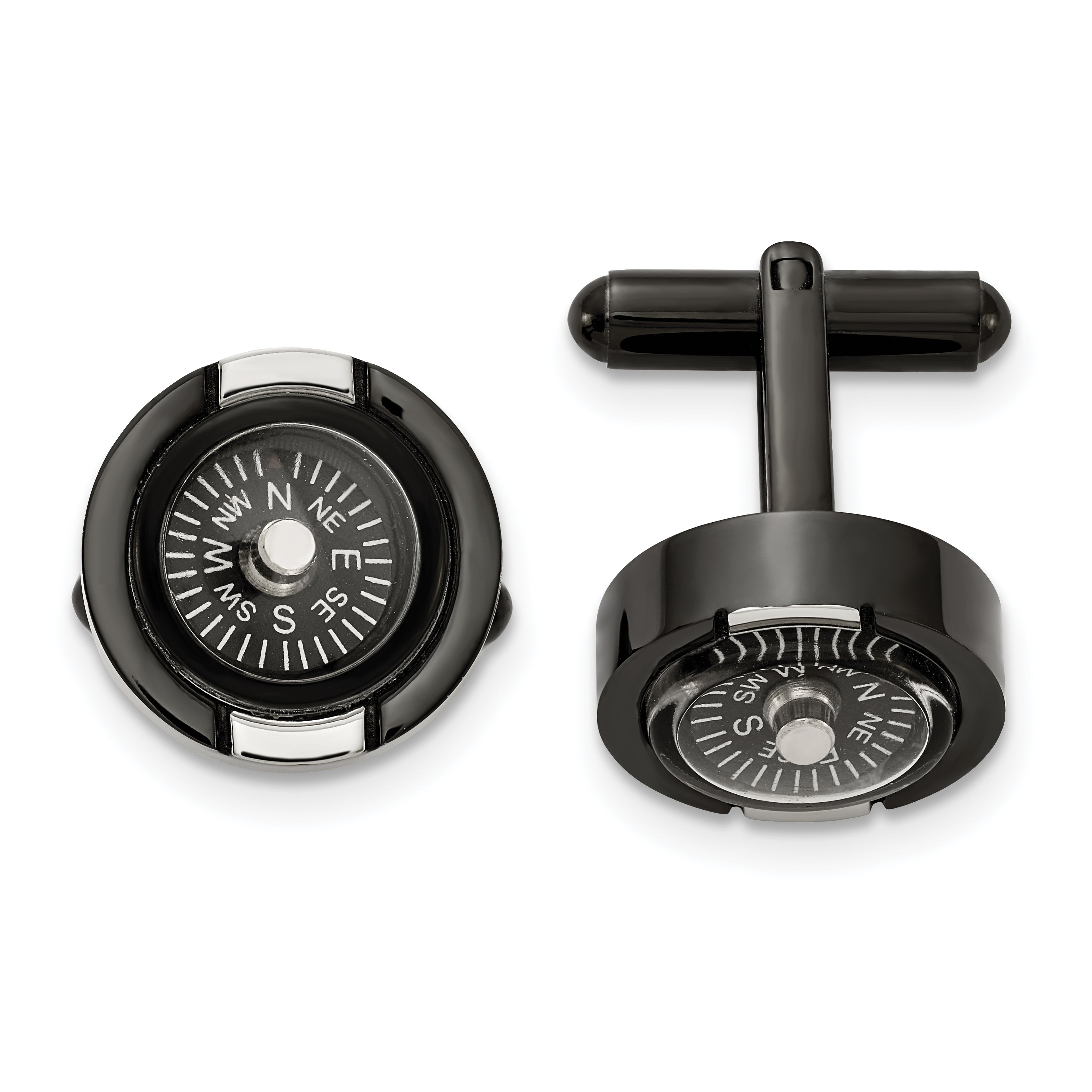 Chisel Stainless Steel Polished Black IP-plated Functional Compass Cufflinks