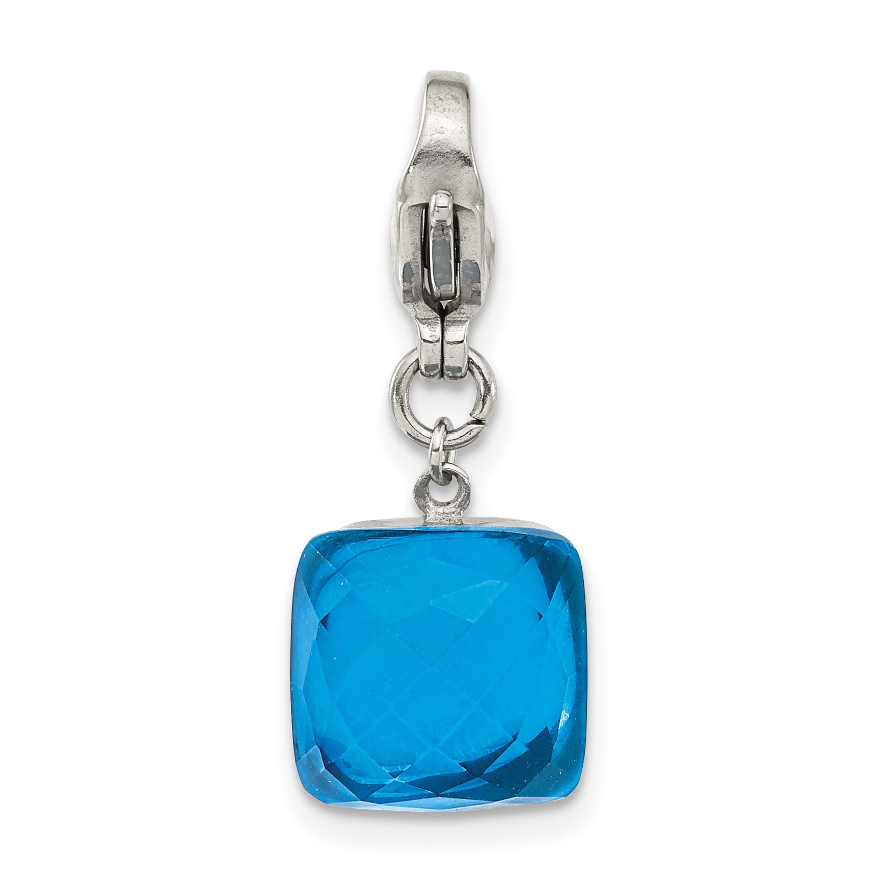 Stainless Steel Polished Blue Glass Square Lobster Clasp Charm Main image