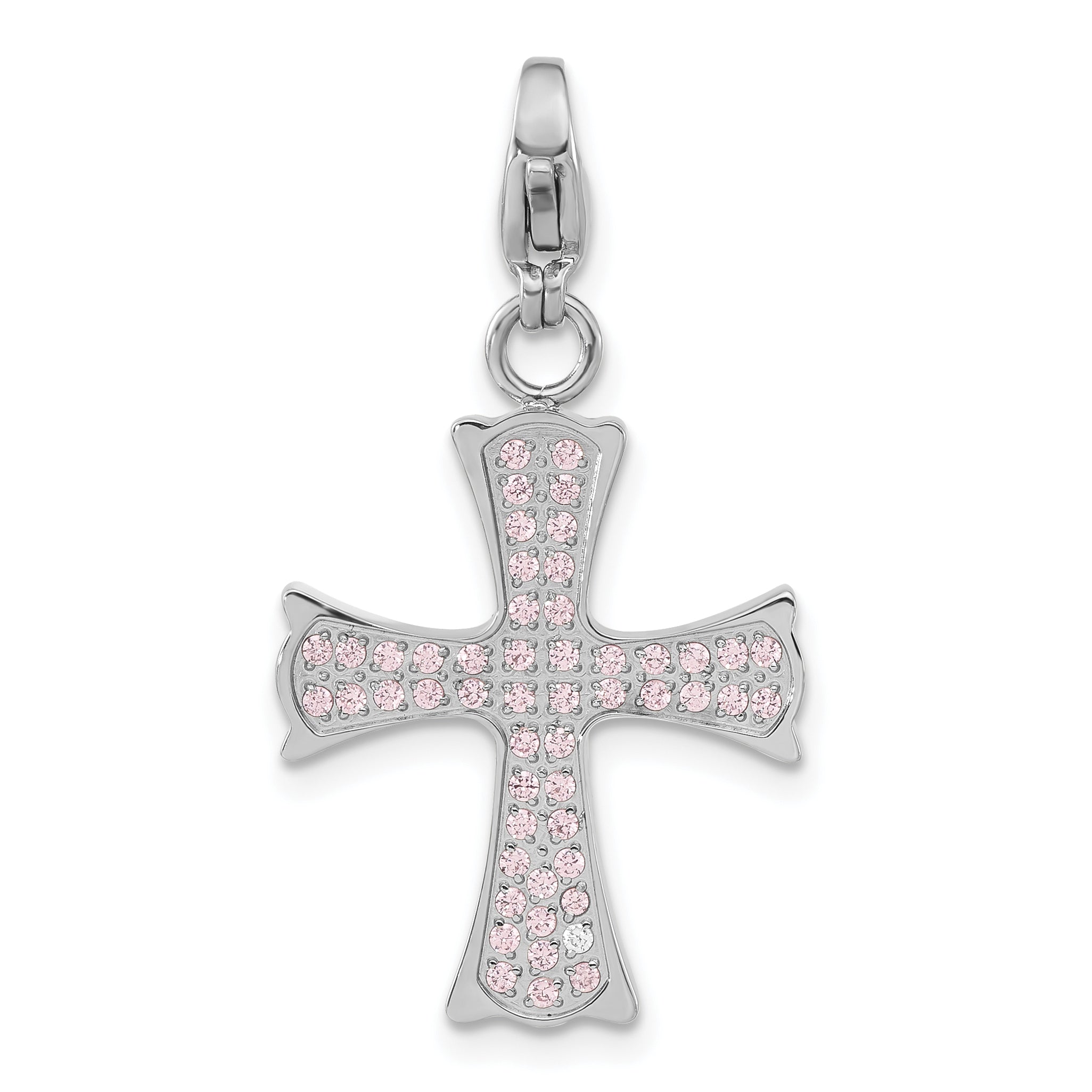 Stainless Steel Polished Pink CZ Cross with Lobster Clasp Charm Main image
