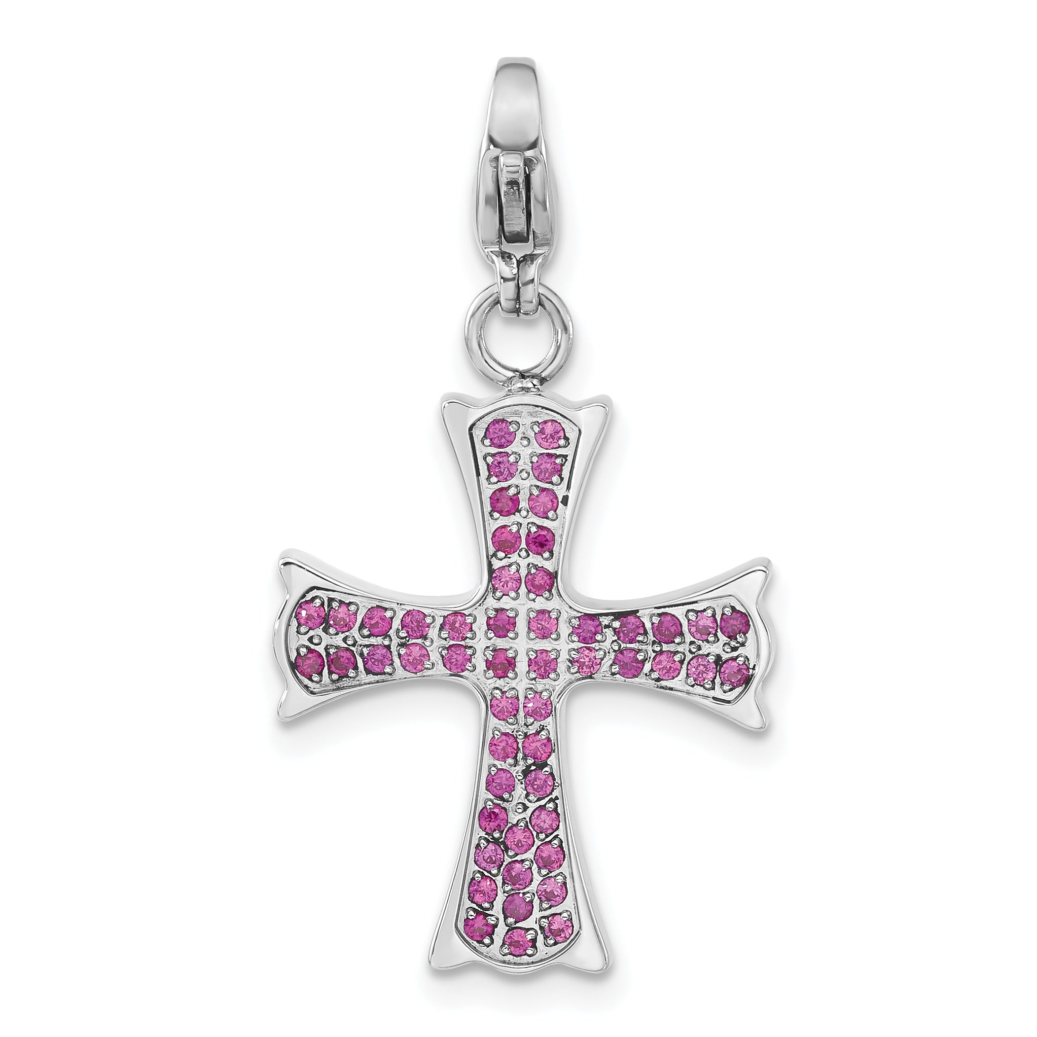 Stainless Steel Polished Dark Pink CZ Cross with Lobster Clasp Charm Main image