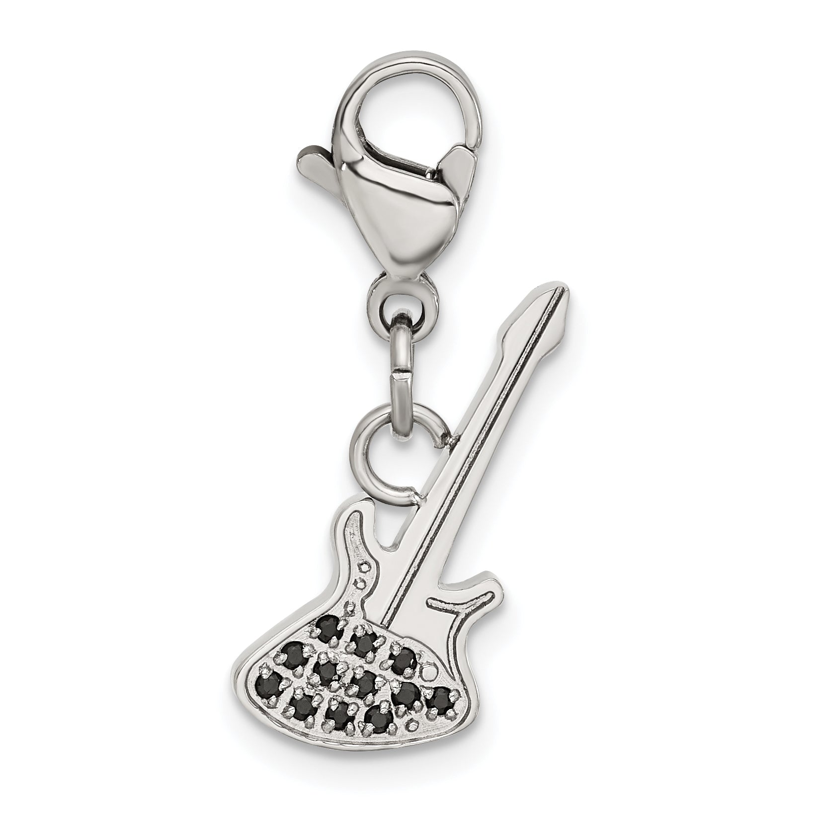 Stainless Steel Polished Black CZ Guitar with Lobster Clasp Charm Main image